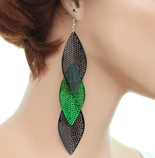 Green Glitter Almond-Shaped Drop Earrings