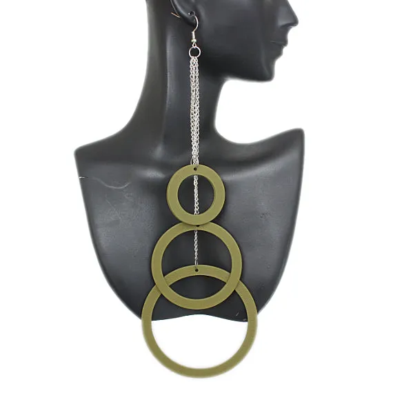 Green Wooden Cascade Drop Chain Hoop Earrings