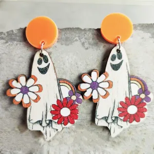 Happy Ghost Halloween Wood Earrings