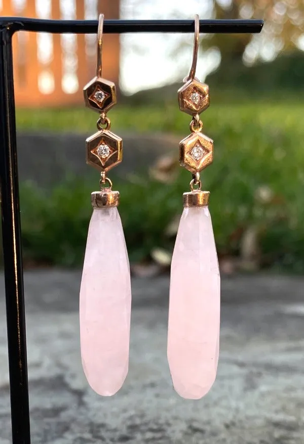 Hex Diamond Rose Quartz Drop Earrings by Doyle & Doyle