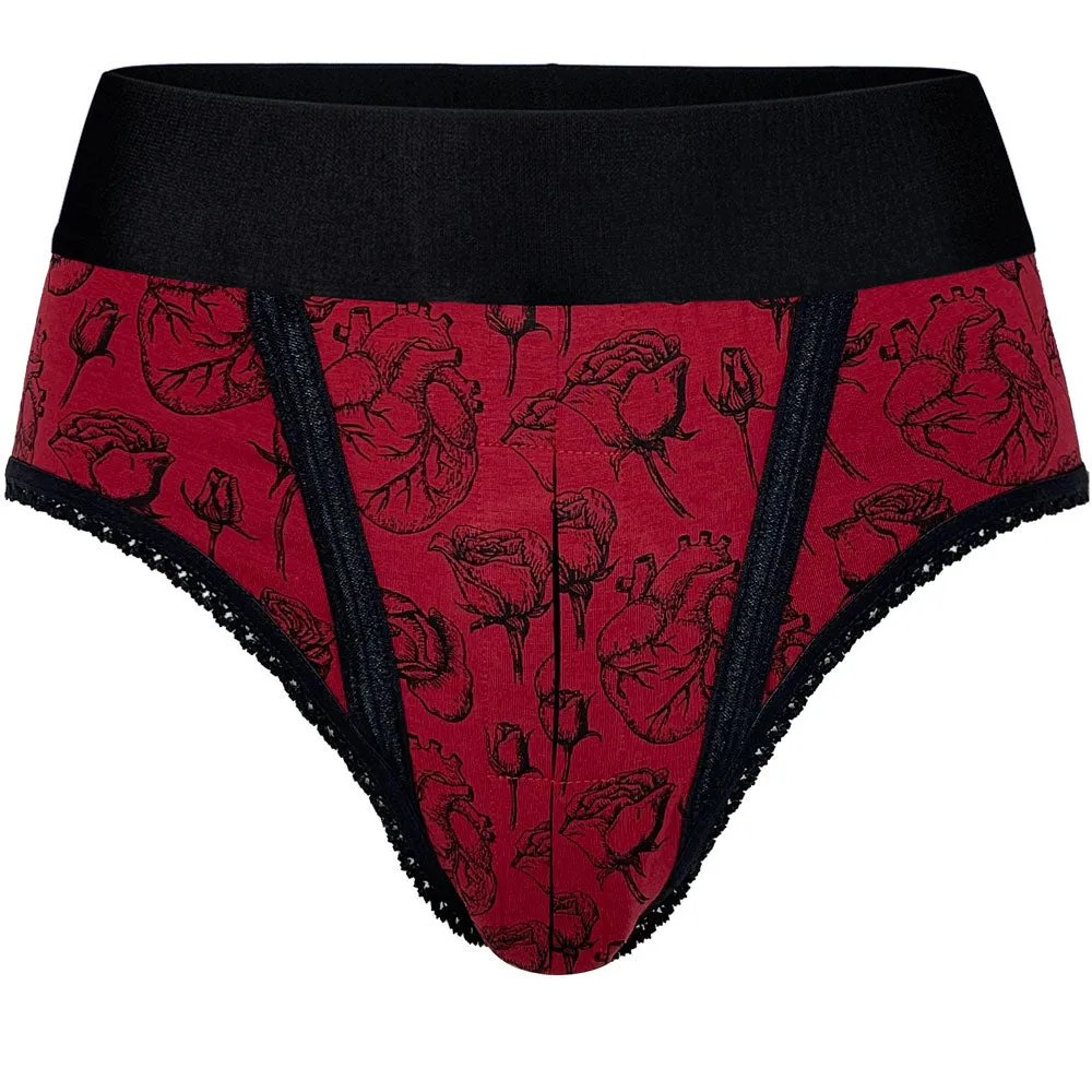 High Cut Panty Harness - Hearts & Roses Red