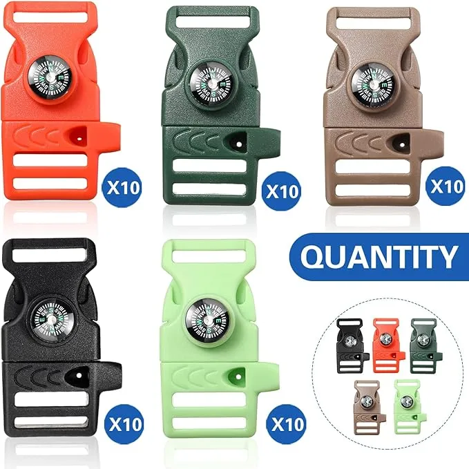 Jexine 50 Pcs Compass Buckle Clips Plastic Paracord Buckles Bracelets Accessories for Camping Travel Emergency Survival
