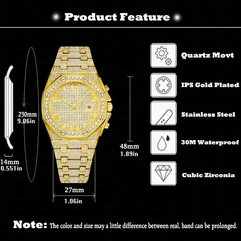 Luxury Gold Rhinestone Mens Watch