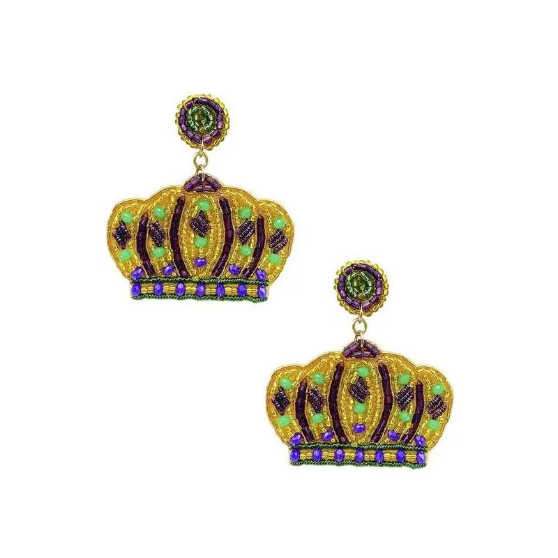 Mardi Gras Crown Seed Bead Drop Earring