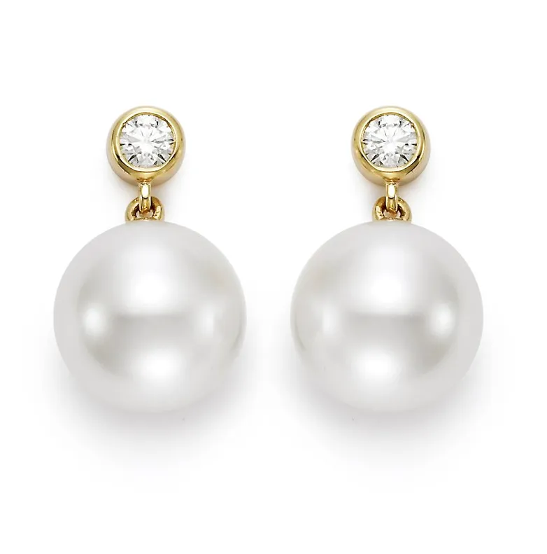 Mastoloni 14k Yellow Gold Pair of Pearl and Diamond Drop Earrings