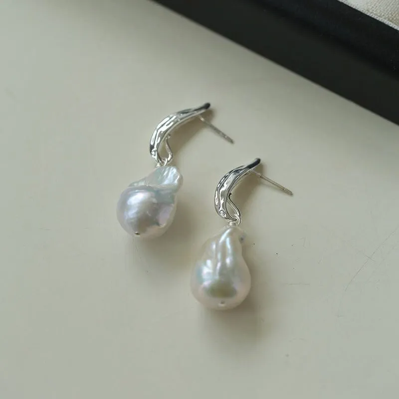Minimalist Willow Leaf Baroque Pearl Pendant Earrings