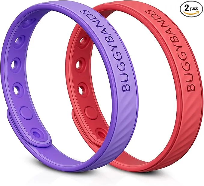 Mosquito Repellent Bracelets, 2 Pack Silicone Mosquito Repellent Bands with DEET Free, Natural & Waterproof Bug Wristbands for Kids and Adults, Outdoor Traveling Protection (Red&Purple)