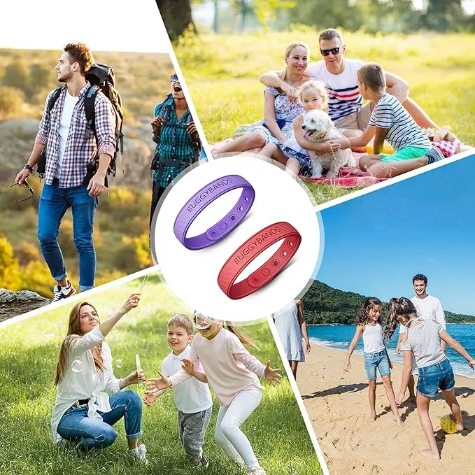 Mosquito Repellent Bracelets, 2 Pack Silicone Mosquito Repellent Bands with DEET Free, Natural & Waterproof Bug Wristbands for Kids and Adults, Outdoor Traveling Protection (Red&Purple)