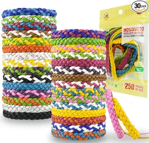 Mosquito Repellent Bracelets, 30 Pack PU Leather Braid Natural Bug Insect Repellent Wristbands for Kids Adult Outdoor Camping Fishing Traveling