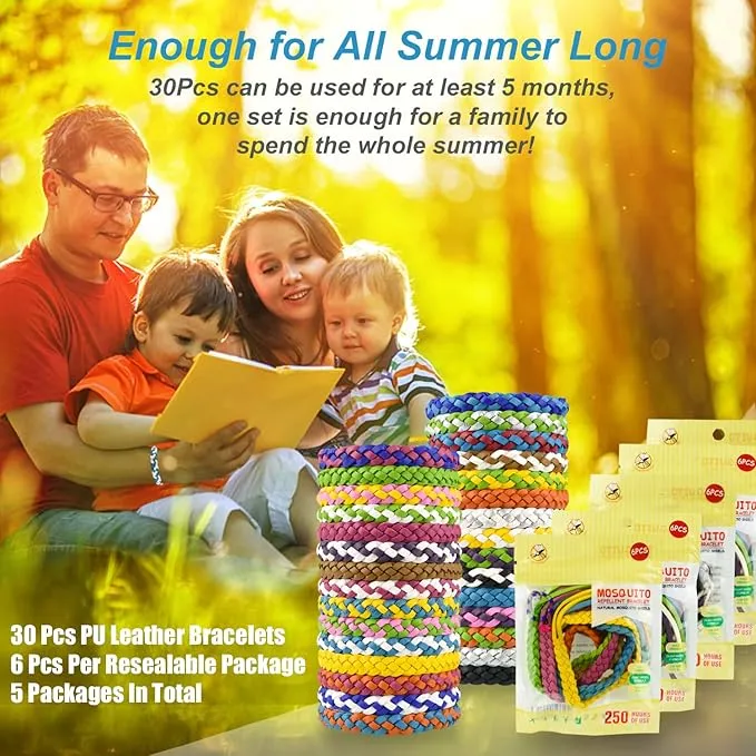 Mosquito Repellent Bracelets, 30 Pack PU Leather Braid Natural Bug Insect Repellent Wristbands for Kids Adult Outdoor Camping Fishing Traveling