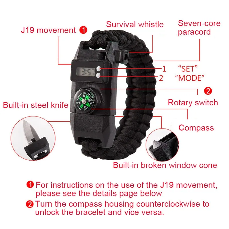 Multi-function 7-in-1 Survival Bracelet - Paracord Bangles with Compass, Whistle for Outdoor Camping, Hiking, Rescue, Emergency