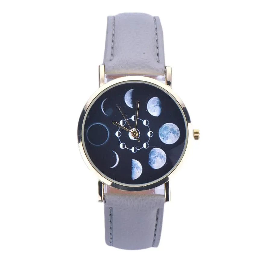 New Design Women watches Lunar Eclipse Pattern PU Leather band clock Analog Quartz Wrist Watch relogios feminino hour