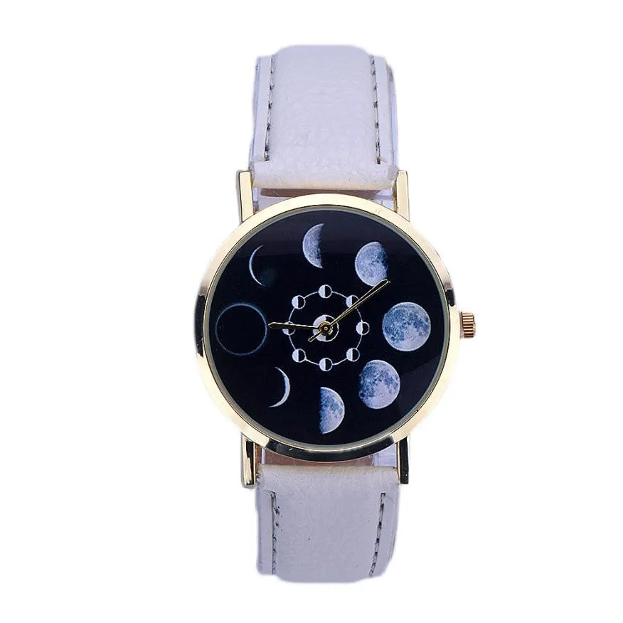 New Design Women watches Lunar Eclipse Pattern PU Leather band clock Analog Quartz Wrist Watch relogios feminino hour