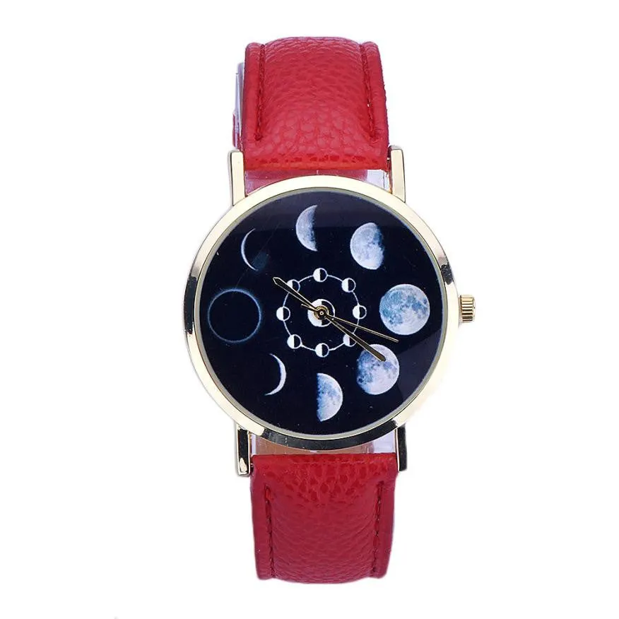 New Design Women watches Lunar Eclipse Pattern PU Leather band clock Analog Quartz Wrist Watch relogios feminino hour