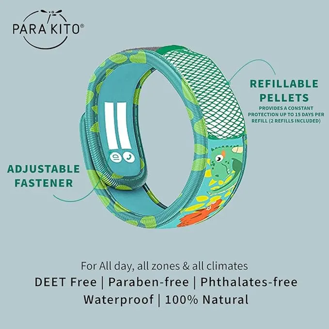 PARA'KITO Bug & Mosquito Bracelets for Kids | Mosquito Spray Alternative | Waterproof, Outdoor Insect Wristband w/Natural Essential Oils | Hiking, Trekking & Camping Accessories (Green Dinosaur)