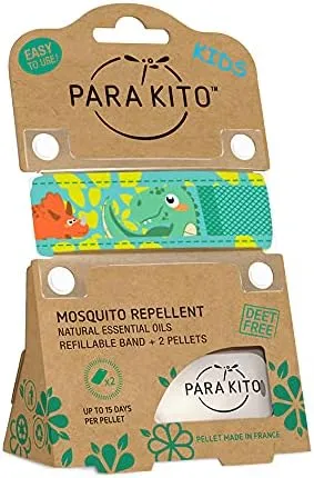 PARA'KITO Bug & Mosquito Bracelets for Kids | Mosquito Spray Alternative | Waterproof, Outdoor Insect Wristband w/Natural Essential Oils | Hiking, Trekking & Camping Accessories (Green Dinosaur)
