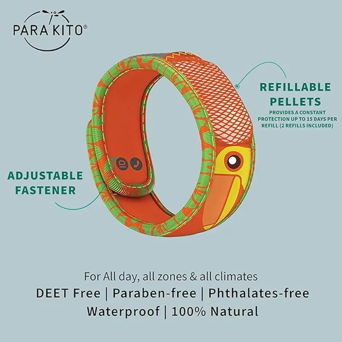 PARA'KITO Bug & Mosquito Bracelets for Kids | Mosquito Spray Alternative | Waterproof, Outdoor Insect Wristband w/Natural Essential Oils | Hiking, Trekking & Camping Accessories (Toucan)