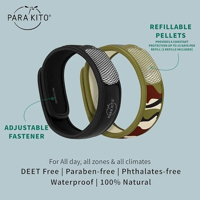 PARA'KITO Mosquito Repellent Bracelets   Refill Pellets Bundle, Mosquito Bracelets, Peppermint Oil, DEET Free Mosquito Repeller, Hiking and Camping Accessories, 2 Wristbands & 2 Refills (Black Jungle)