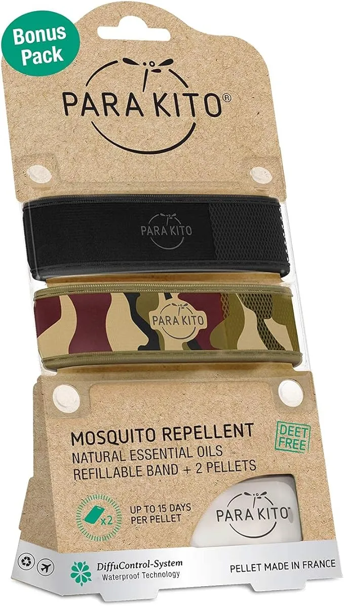 PARA'KITO Mosquito Repellent Bracelets   Refill Pellets Bundle, Mosquito Bracelets, Peppermint Oil, DEET Free Mosquito Repeller, Hiking and Camping Accessories, 2 Wristbands & 2 Refills (Black Jungle)