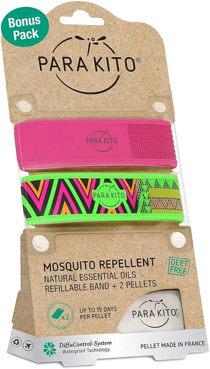 PARA'KITO Mosquito Repellent Bracelets   Refill Pellets Bundle | w/Peppermint Oil, Essential Oils | Hiking & Camping Accessories | Paraben Free, DEET Free - 2 Wristbands & 2 Refills (Fuchsia   Inka)