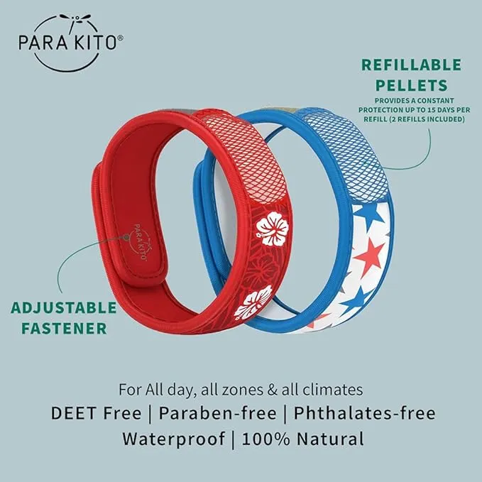 PARA'KITO Mosquito Repellent Bracelets   Refill Pellets Bundle | w/Peppermint Oil, Essential Oils | Hiking & Camping Accessories | Paraben Free, DEET Free - 2 Wristbands & 2 Refills (Hawaii   Stars)