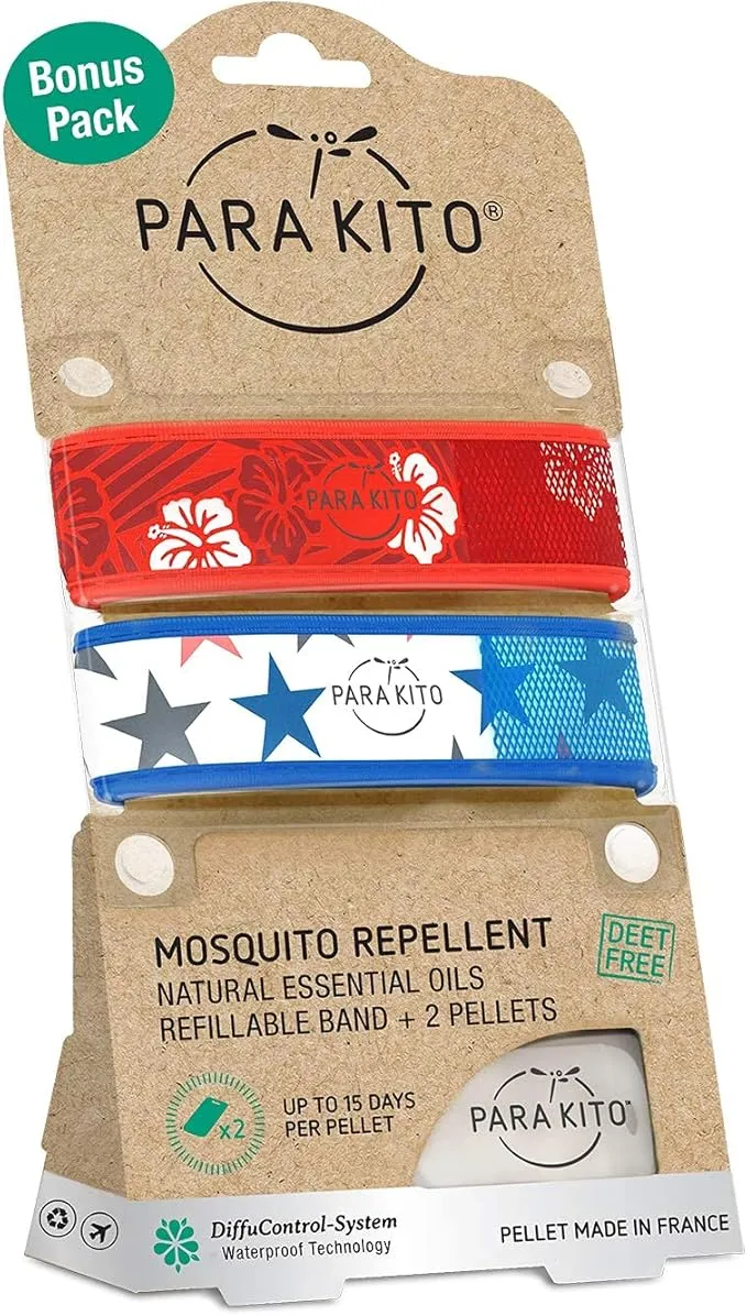 PARA'KITO Mosquito Repellent Bracelets   Refill Pellets Bundle | w/Peppermint Oil, Essential Oils | Hiking & Camping Accessories | Paraben Free, DEET Free - 2 Wristbands & 2 Refills (Hawaii   Stars)