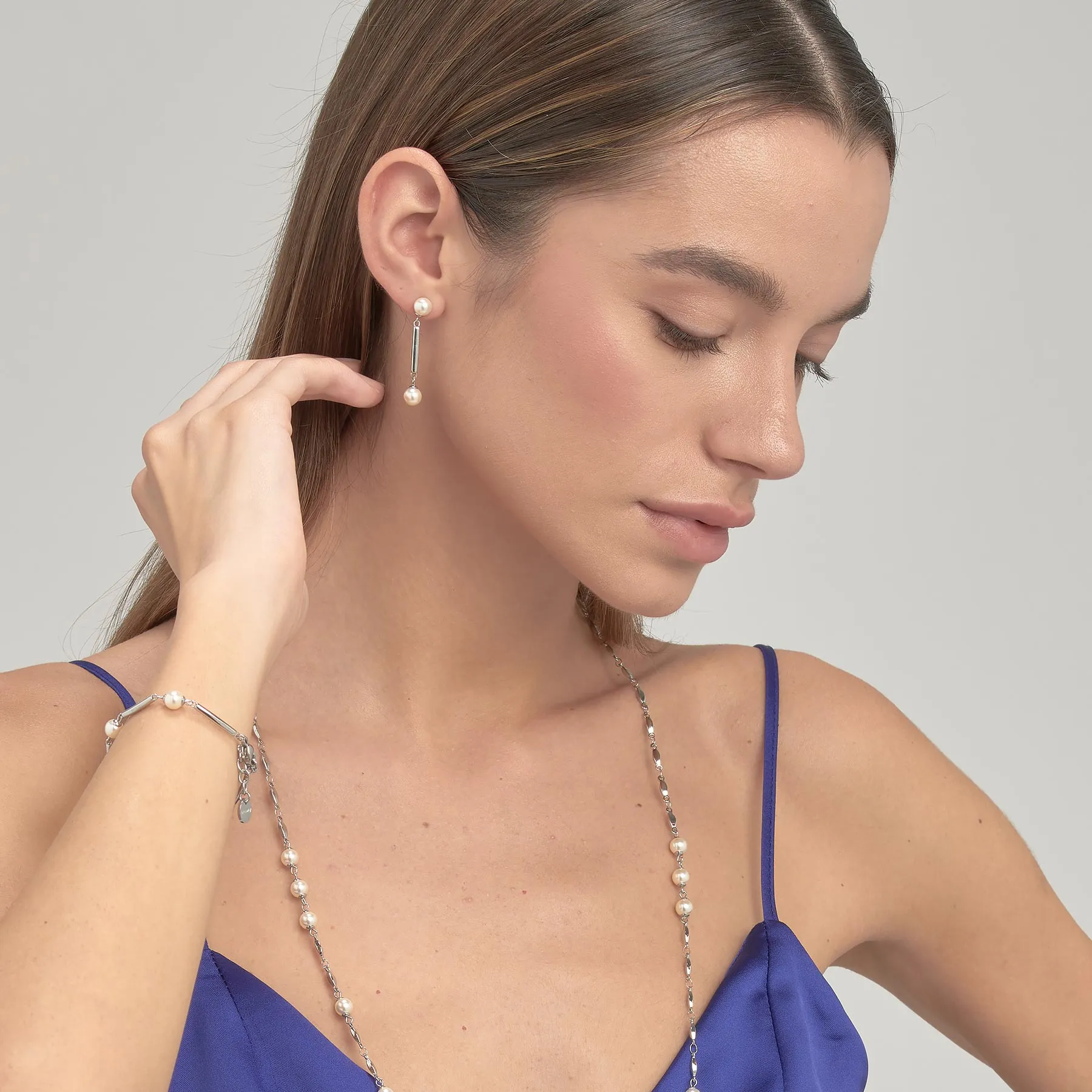 Pearl and Bar Drop Earrings in Stainless Steel