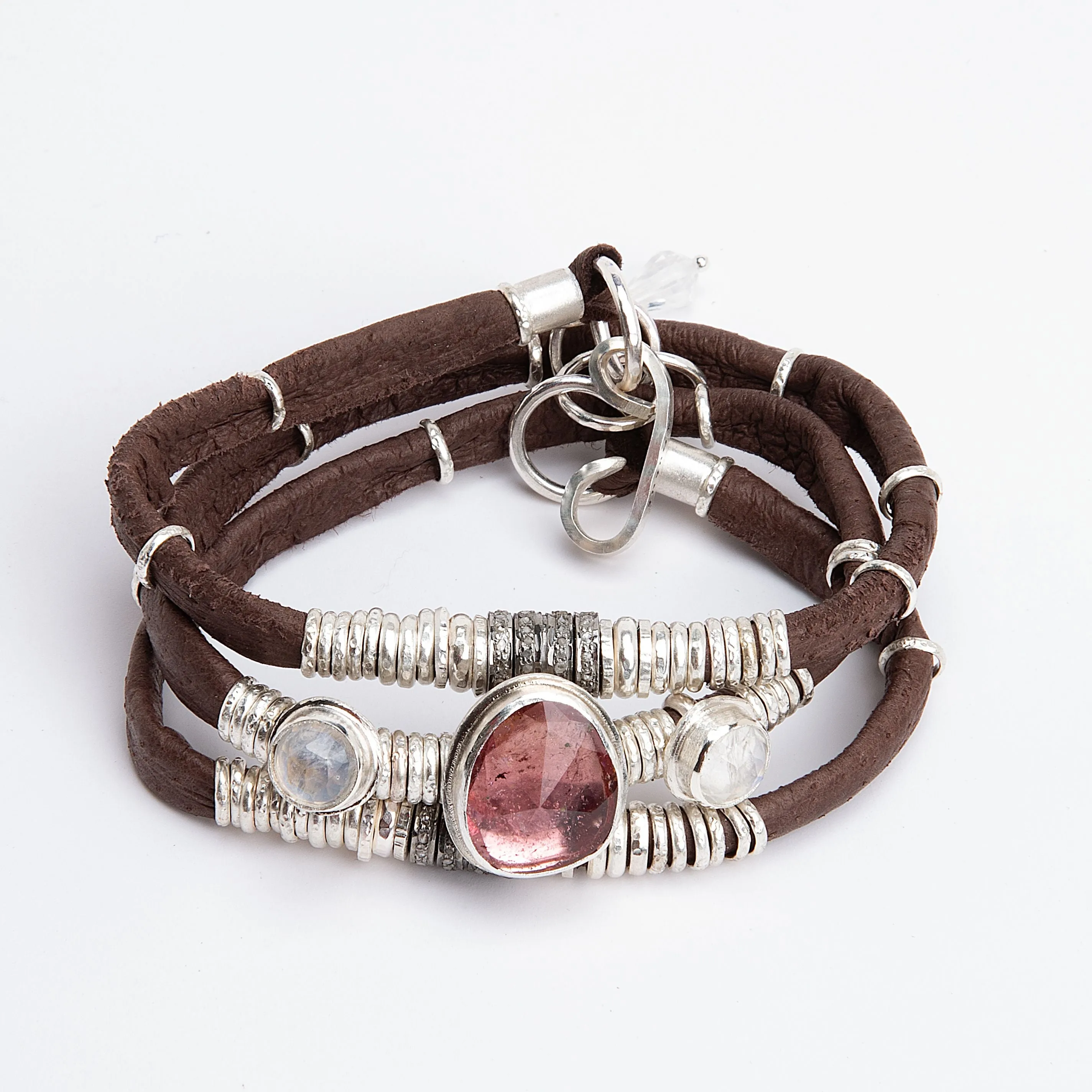 Pink Tourmaline, Moonstone & Pavé Diamond Chocolate Brown Leather Wrap