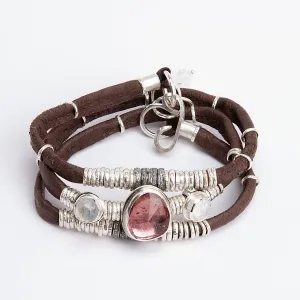 Pink Tourmaline, Moonstone & Pavé Diamond Chocolate Brown Leather Wrap