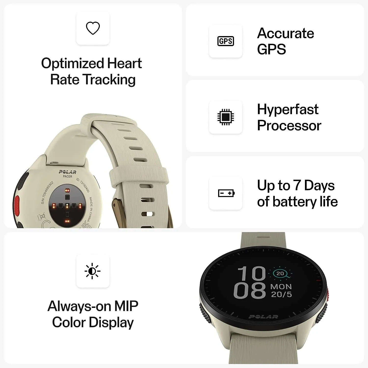 Polar Pacer GPS Running Watch High-Speed Processor Ultra Bright Display - White