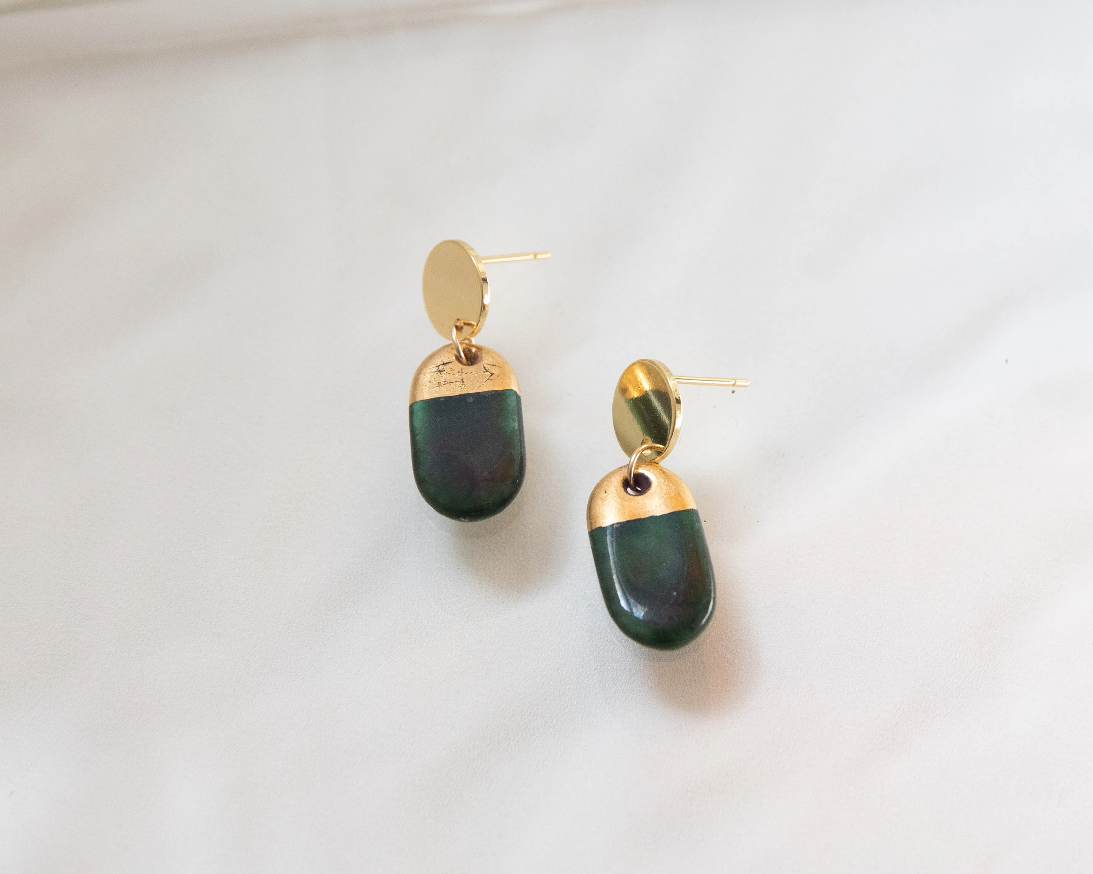 Porcelain and Gold Green Oval Drop Earrings