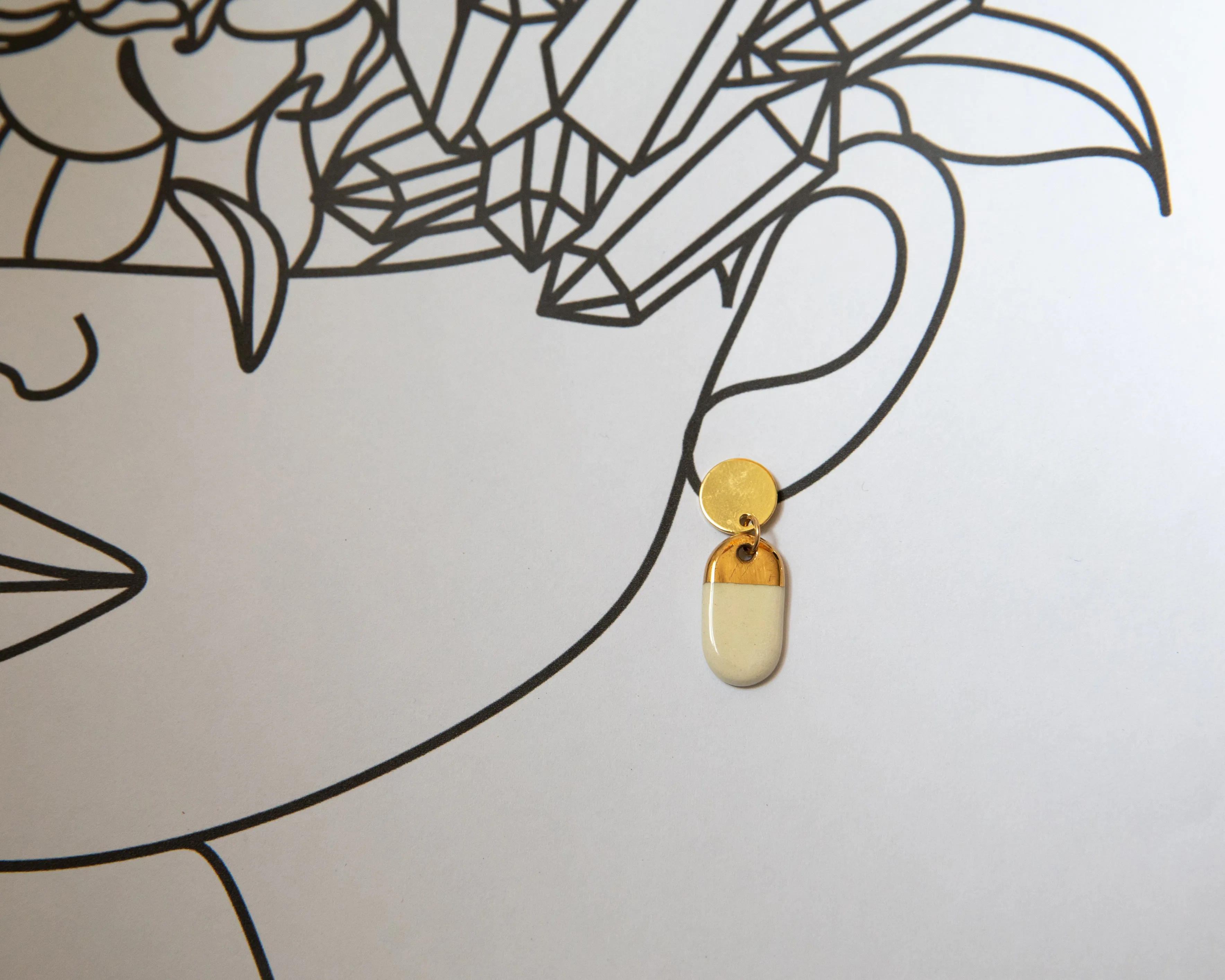 Porcelain and Gold White Oval Drop Earrings