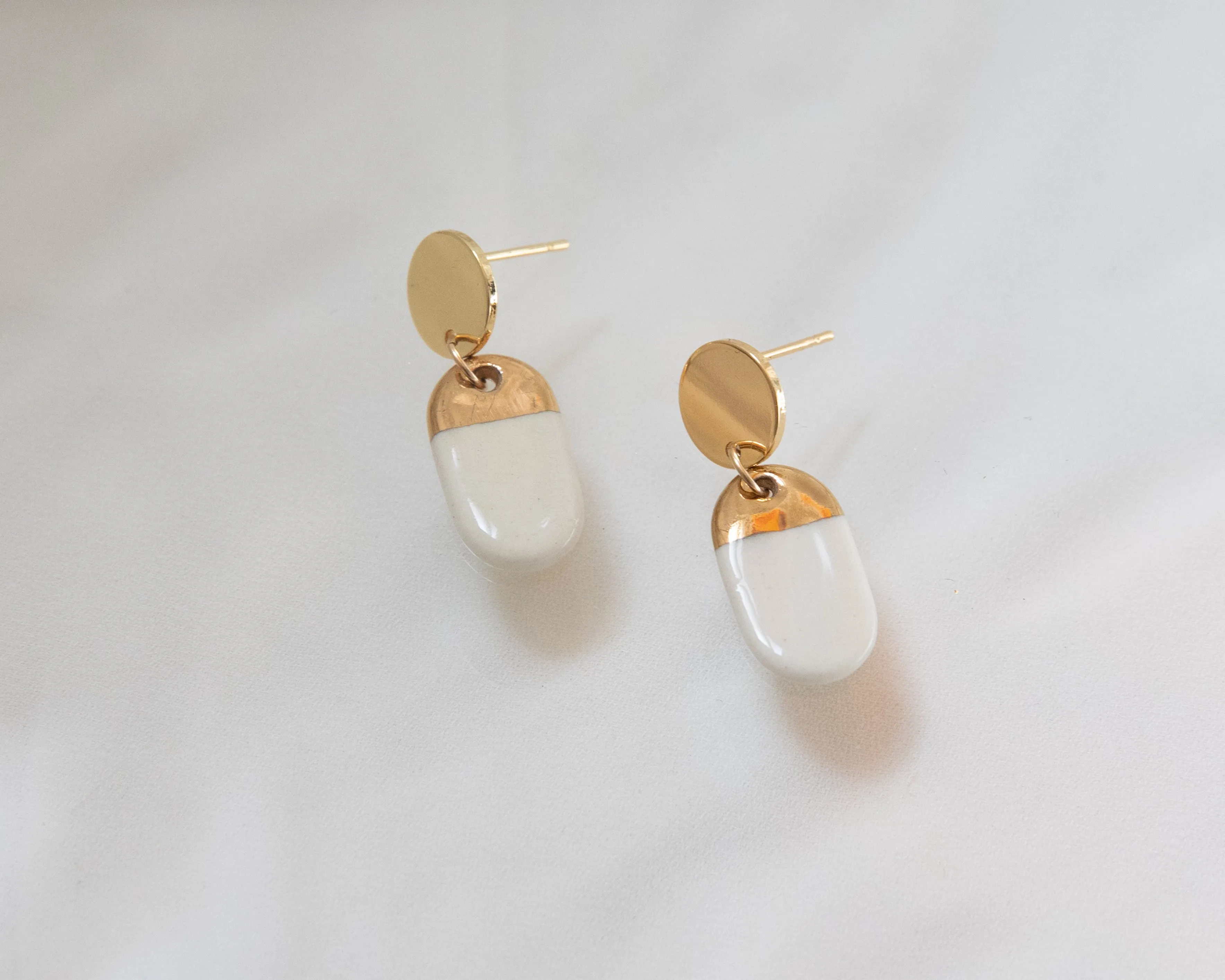 Porcelain and Gold White Oval Drop Earrings