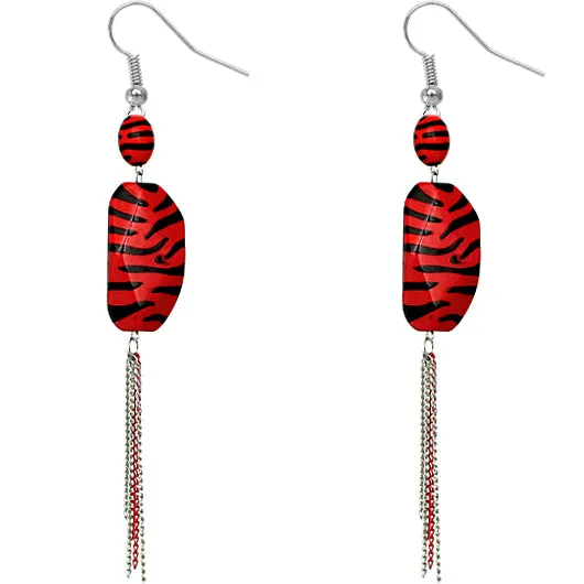 Red Zebra Stripe Drop Chain Earrings