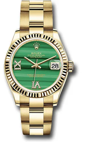 Rolex Yellow Gold Datejust 31 Watch - Fluted Bezel - Malachite Diamond Six and Nine Dial - Oyster Bracelet - 278278 madr69o