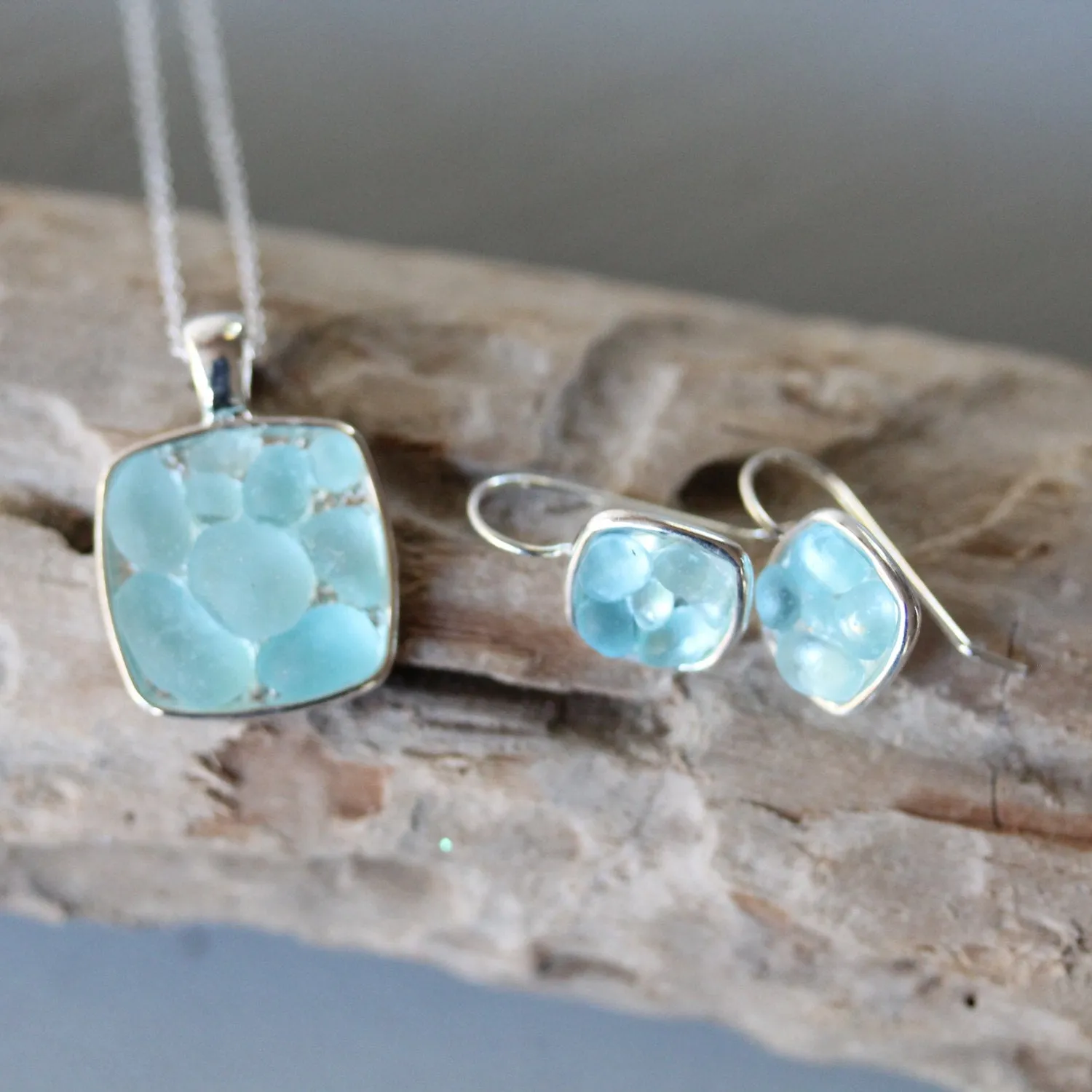 Sea Glass & Silver Mosaic Earrings - Drop