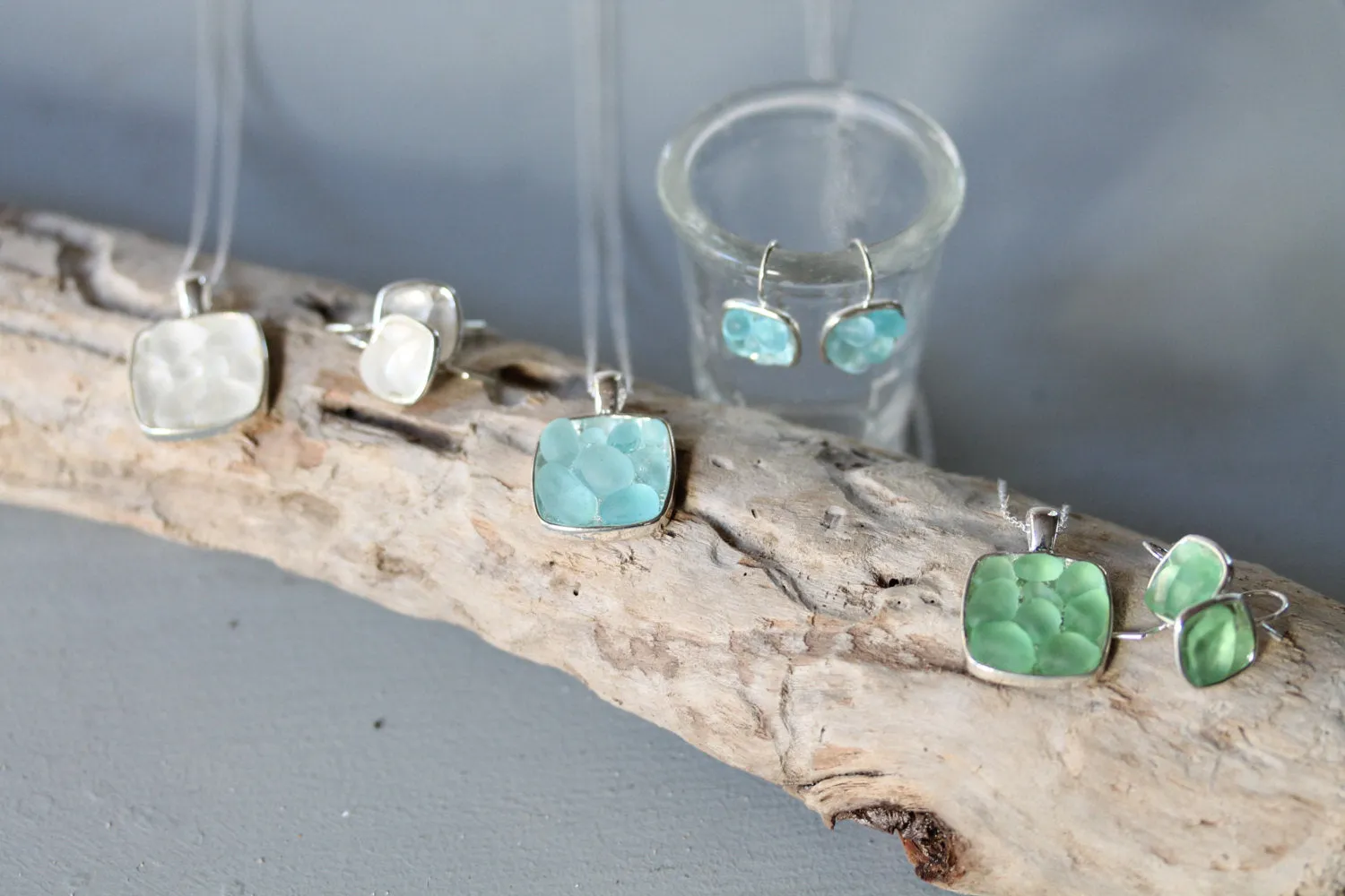 Sea Glass & Silver Mosaic Earrings - Drop