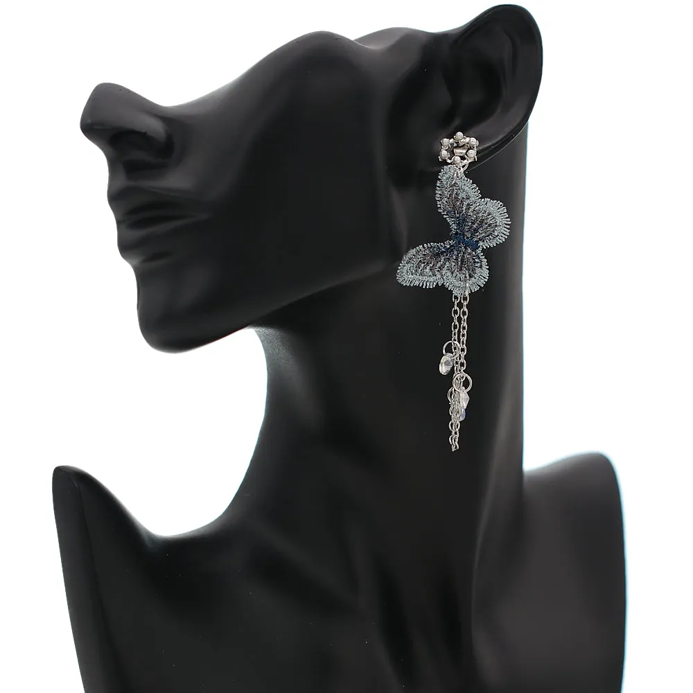 Silver Butterfly Drop Chain Dangle Earrings