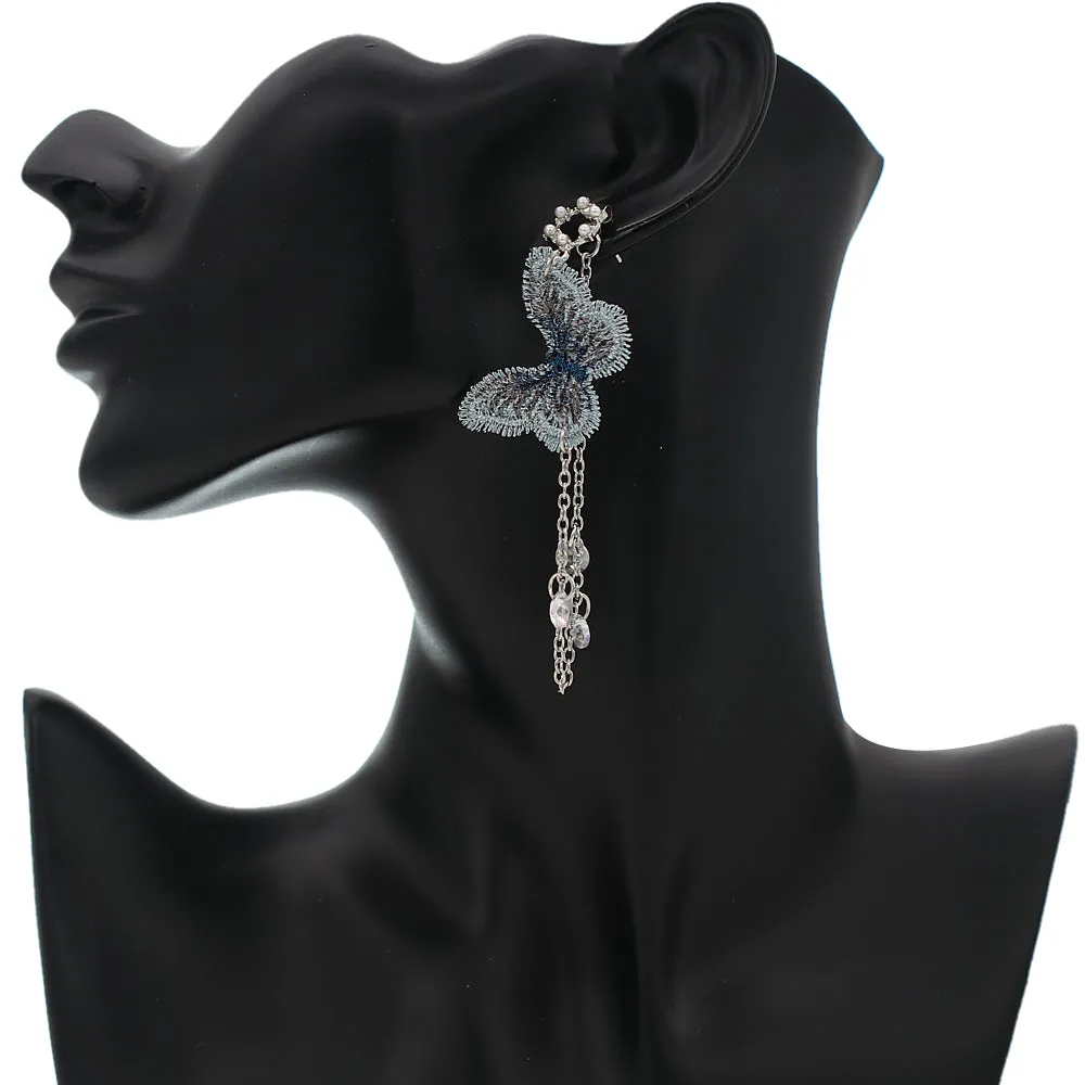 Silver Butterfly Drop Chain Dangle Earrings