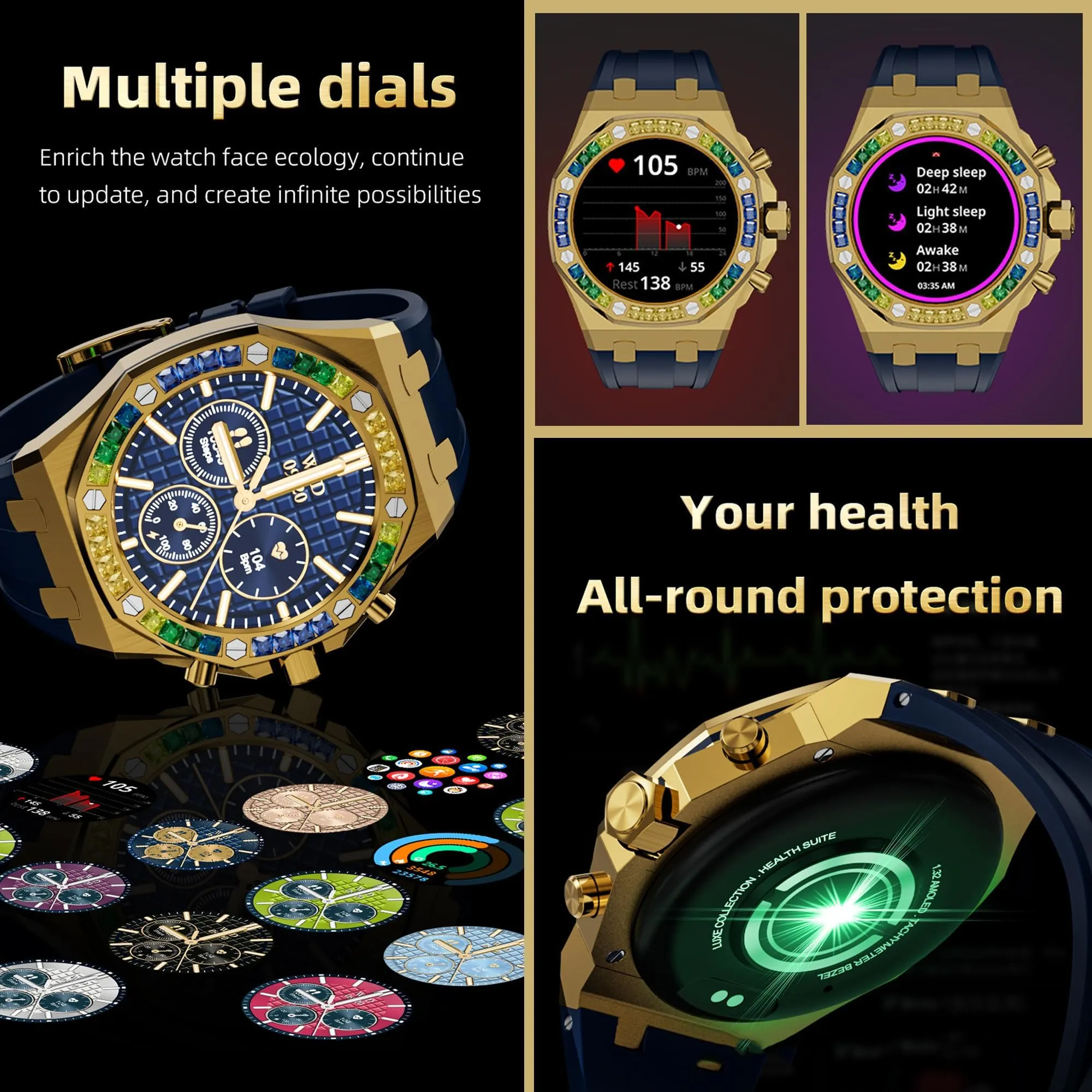 Smart Watch Answer Make Calls Message Reminder Smartwatch Compatible iPhone Heart Rate Monitor Bluetooth Diamond Smart Watches for Men