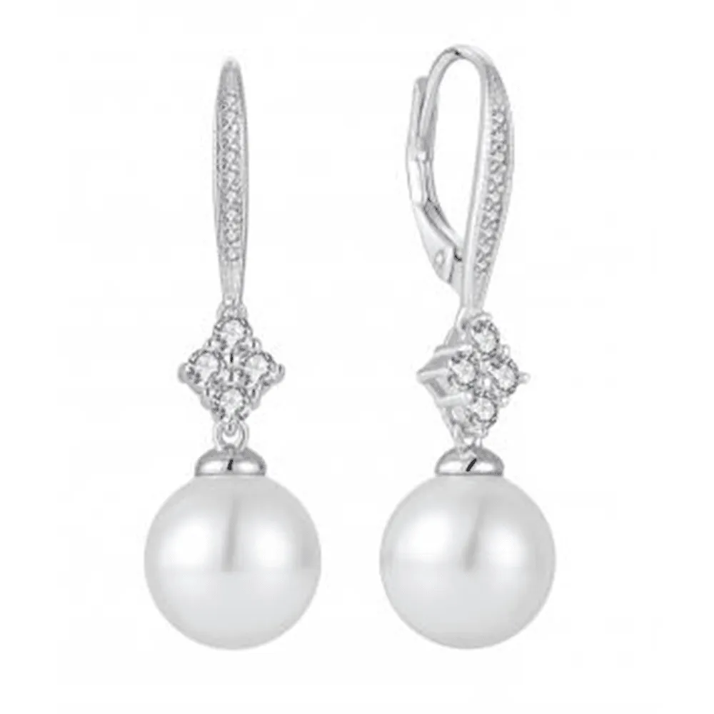 Synthetic Pearl Hoop Earrings with Cubic Zirconia in Sterling Silver
