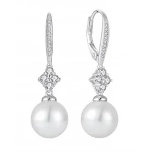 Synthetic Pearl Hoop Earrings with Cubic Zirconia in Sterling Silver
