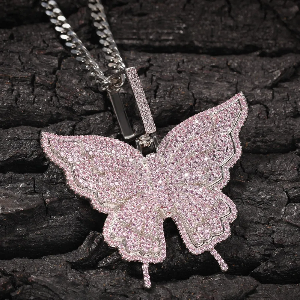 Uwin Butterfly Pink Rosegold CZ Pendant With 9mm Iced Out Cuban Chain Micro Pave Cubic Zircon Necklace Jewelry For Gift